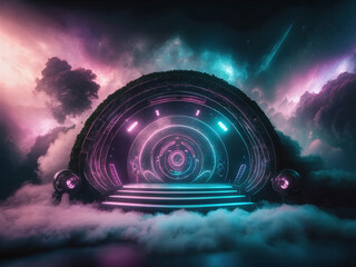 A futuristic portal emits neon light in a surreal, cosmic landscape.