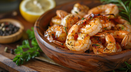 Grilled shrimp to perfection, served in an elegant wooden bowl with lemon and herbs