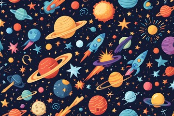 A colorful space scene with planets and stars, including a rocket
