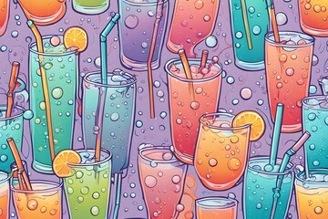 A colorful drink pattern with many different colored drinks and straws