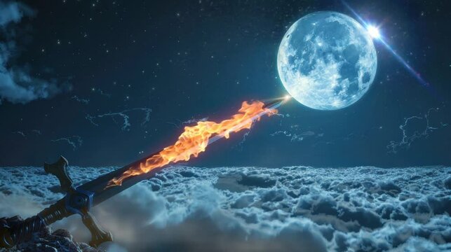 the existence of a magical sword above a very beautiful cloud. seamless looping time-lapse virtual 4K video Animation Background.