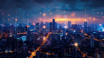 Fototapeta premium aerial view in the cityscape skyline with smart services and icons, internet of things, networks and augmented reality concept , early morning sunrise scene