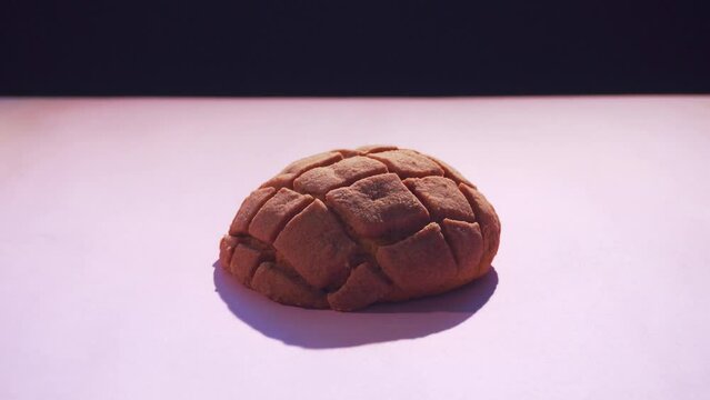 Freshly baked chocolate concha on pink background, Mexican sweet bread