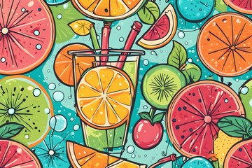 A colorful fruit drink with a straw in it is surrounded by slices of fruit