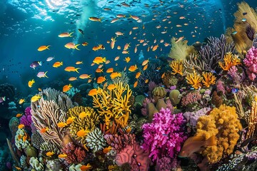 A vibrant coral reef teeming with colorful fish.