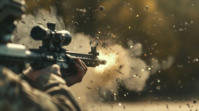 A person firing a rifle, captured in slow motion with debris and smoke creating dramatic effects.