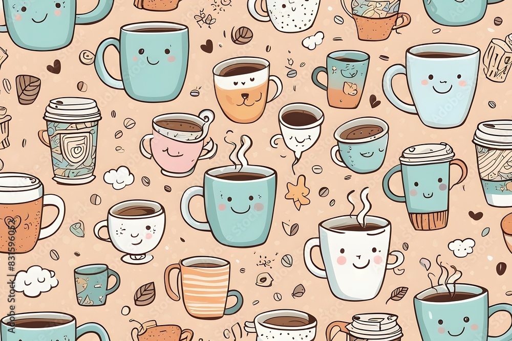Poster A coffee mug with a smiling face on it is shown in a pattern of many other coffe