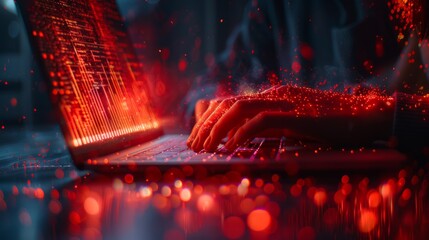 Naklejka premium Businessman using laptop with virtual world economic growth chart and red warning sign, highlighting caution in investing and economic situation risks.