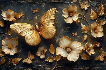 Golden butterflies and flowers on textured black plaster background.