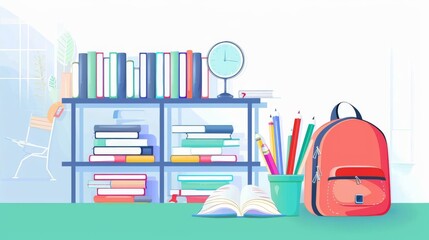 Design a sleek digital rendering of a school backpack overflowing with books from a side view, allowing for copy space to convey Back To School messaging,Bring to life a side view