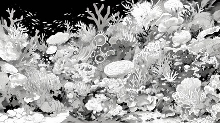 A delightful hand drawn doodle showcasing a black and white coral reef in a captivating 2d illustration