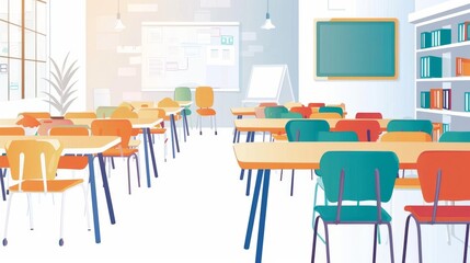 Illustrate a classroom filled with colorful chairs and tables, emphasizing a wide-angle view Include ample copy space for Back To School theme