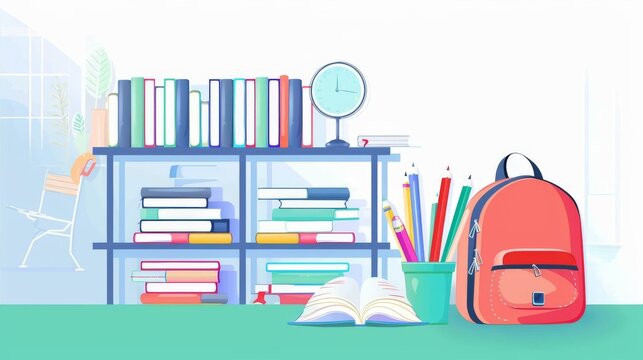 Design a sleek digital rendering of a school backpack overflowing with books from a side view, allowing for copy space to convey Back To School messaging,Bring to life a side view