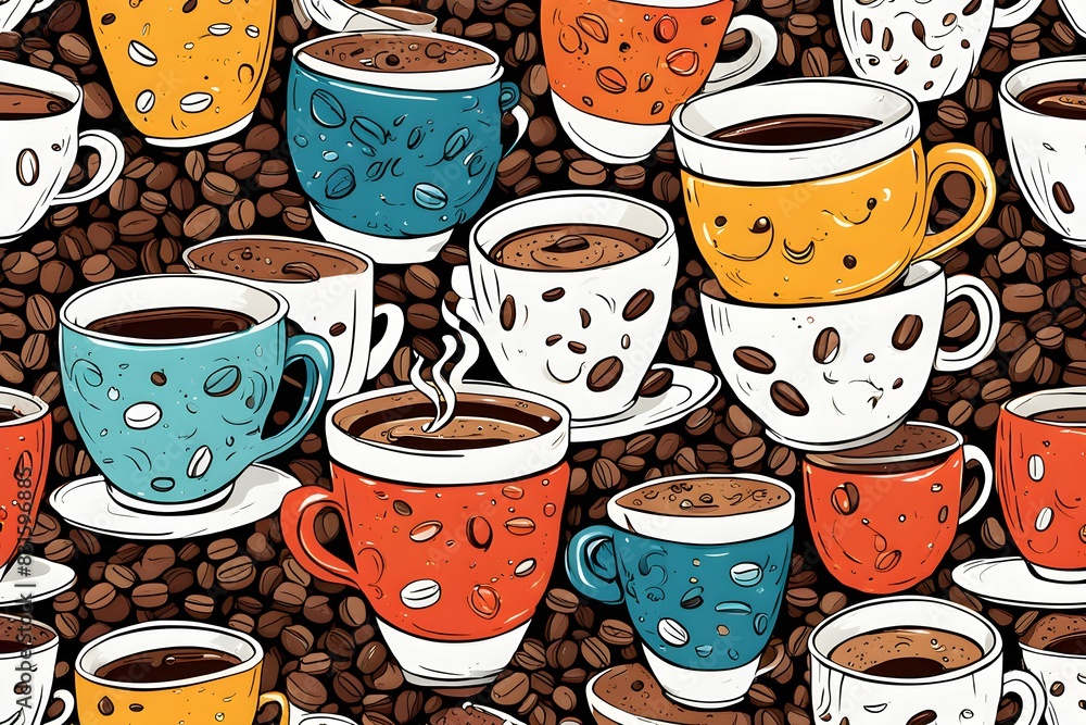 Poster a coffee cup with a smiling face on it is shown in a pattern of many different c