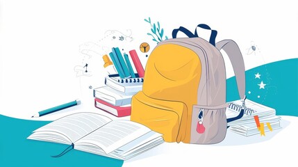 Illustrate a detailed, photorealistic backpack with Back To School theme in a long shot setting, ensuring plenty of copy space