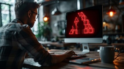 Businessman using laptop with virtual world economic growth chart and red warning sign, highlighting caution in investing and economic situation risks.