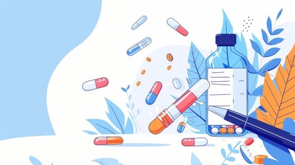 Capture a birds-eye view of a futuristic laboratory scene with pill capsules scattered, highlighting one central capsule. isolated on soft plain pastel solid background