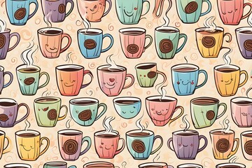 A colorful pattern of coffee cups with cartoon faces on them