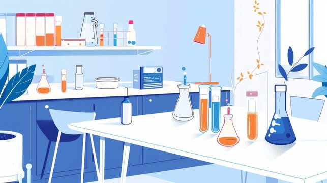 Design a captivating visual of a meticulously organized laboratory, complete with test tubes Opt for an eye-level perspective to display realism and provide ample copy space for ve