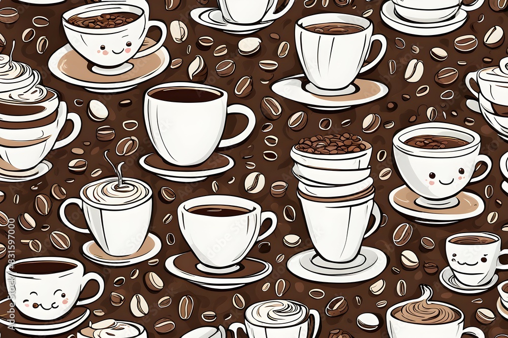 Poster a coffee themed pattern with many different types of coffee cups