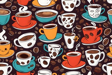 A coffee cup pattern with many different colors and designs