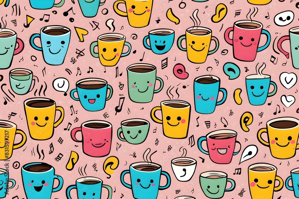 Poster a colorful pattern of coffee cups with smiling faces on them