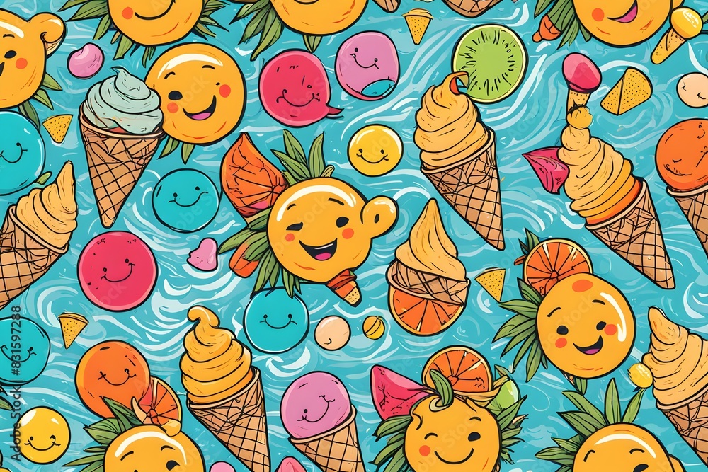 Poster a colorful pattern of ice cream and fruit with smiling faces