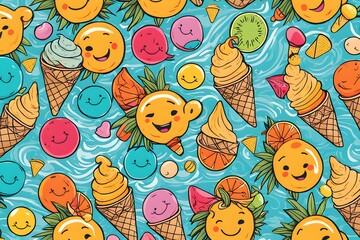 A colorful pattern of ice cream and fruit with smiling faces