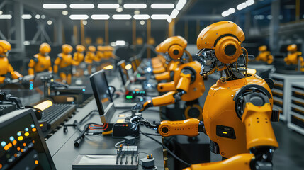 Fototapeta premium Robots working in a futuristic automated assembly line factory