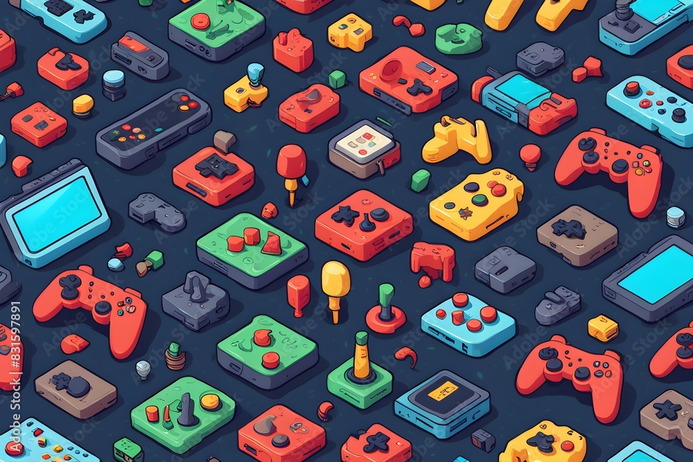 Poster a colorful image of various video game controllers and remotes