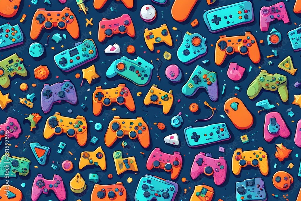 Poster a colorful background with many different colored video game controllers