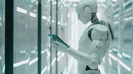 Humanoid robot using tablet in a futuristic data center