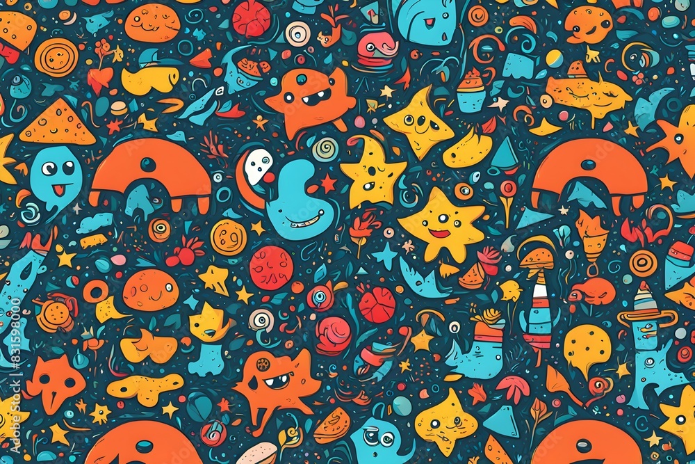 Aufkleber a colorful and whimsical background with various cartoon characters and objects