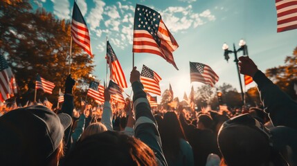 Crowd waving US flags
