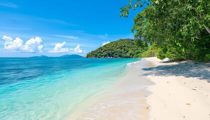 idyllic white sand beach with turquoise ocean water under clear blue sky tropical paradise