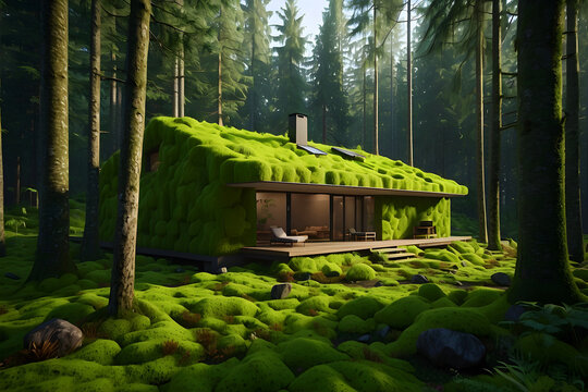 dwelling smack dab in the middle of the woodland. Bright green moss covers the entire house.