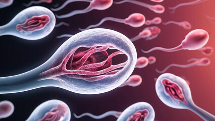 Detailed illustration of swimming sperm cells, focusing on internal structure of one cell. Intricate details of cell's anatomy, including nucleus and internal components.