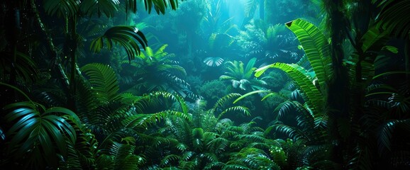 Fototapeta premium Abstract Jungle With Bioluminescent, Glowing Plants And Trees, Background