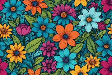 A colorful floral pattern with a blue background