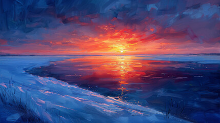 winter sunset painting, oil-painted winter scene a serene landscape at dusk with a frozen lake and sky blending shades of orange and blue
