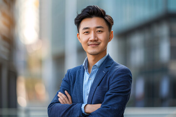 Obraz premium Smiling Young Asian Businessman in Blue Blazer Standing in Modern Cityscape