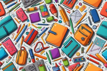 A colorful drawing of school supplies such as pencils, pens, and notebooks