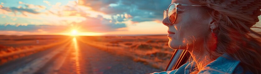 Exciting road trip with friends, a packed car, open windows, and a scenic highway stretching into the horizon under a vibrant sunset