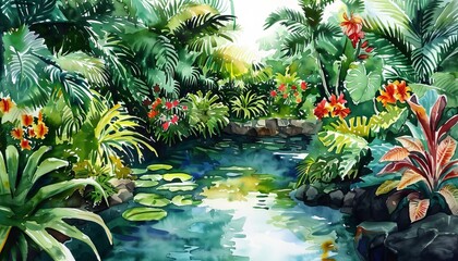 lush botanical garden with exotic plants and a tranquil pond watercolor illustration
