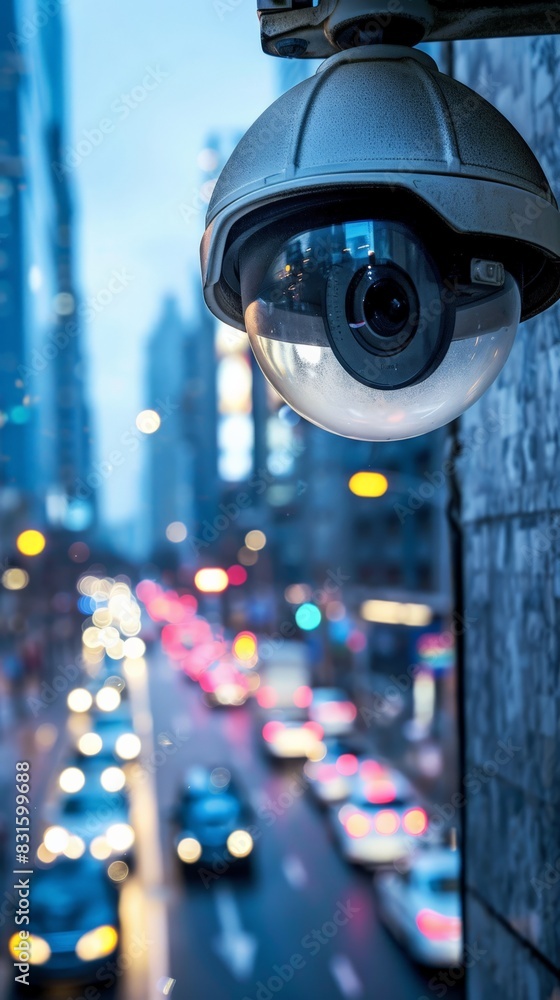 Poster close-up of a dome surveillance camera with city traffic in the background. security monitoring in a