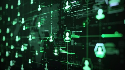 Obraz premium A closeup image of a computer screen displaying a blockchain interface with various content creator profiles connected and highlighted in green.