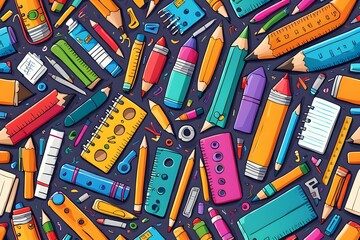A colorful drawing of various school supplies, including pencils, pens, rulers