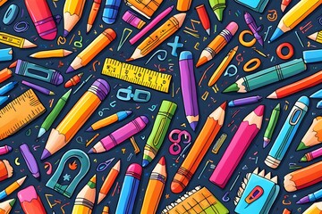 A colorful drawing of pencils, rulers, and other school supplies