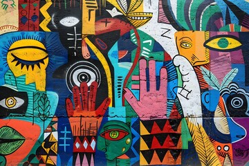 A vibrant street art mural depicting different cultures communicating through symbols and gestures.