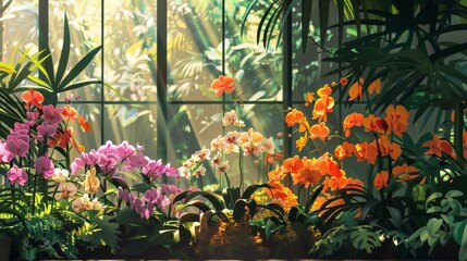 Visual of an orchid display in a botanical garden flat design side view exotic elegance theme animation Split-complementary color scheme